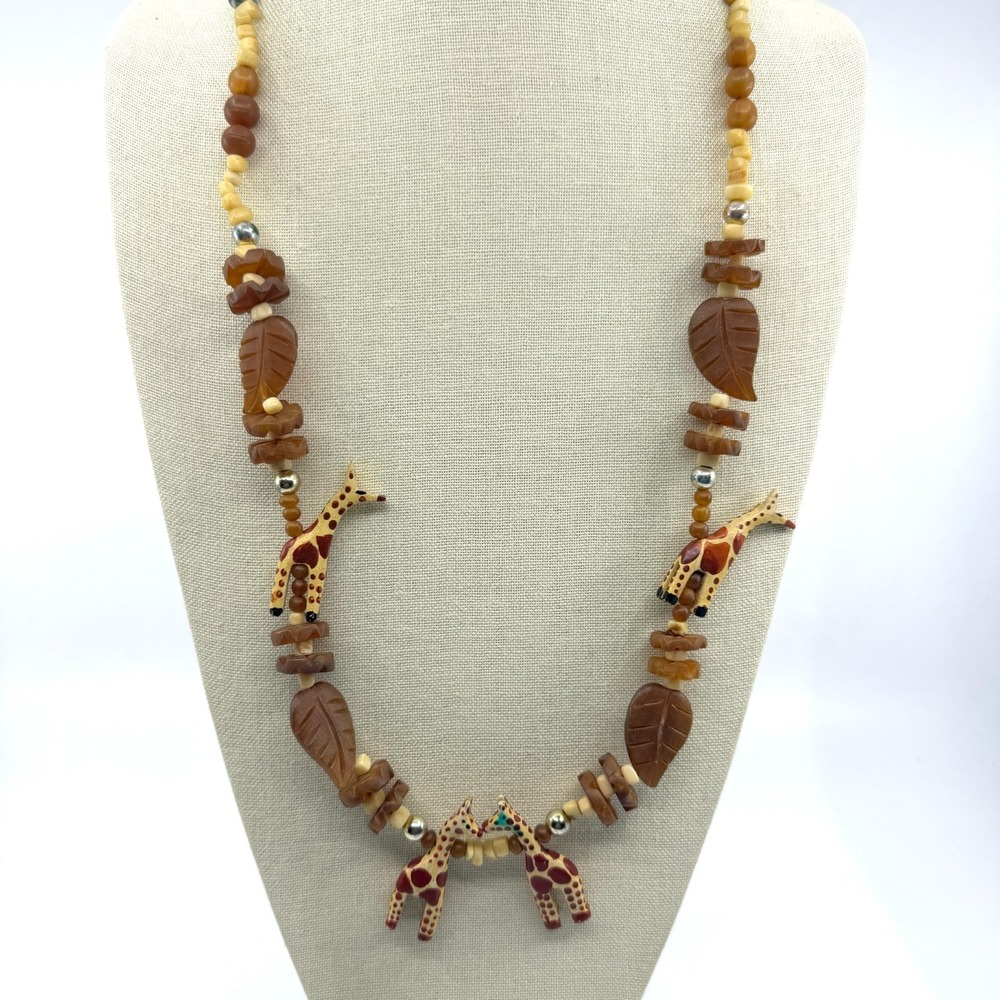 Hand Painted Giraffe Carved Wood Bead Necklace Safari Boho Statement Jewelry